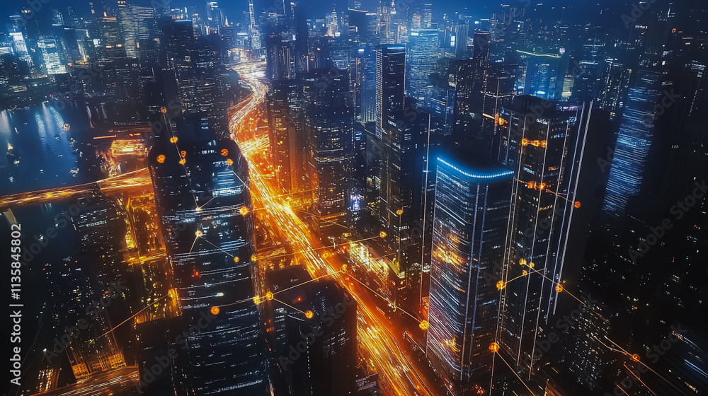 Obraz premium Smart digital Innovation city with connection network reciprocity over the cityscape. of future smart wireless digital city and social media networking systems that connects people with in city