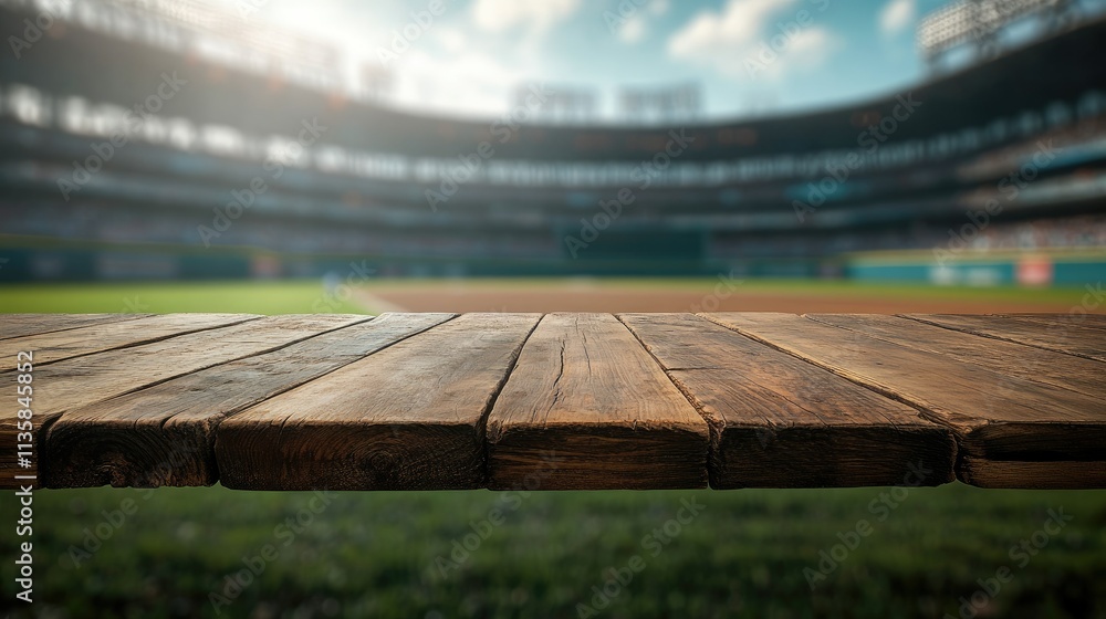 Wooden Tabletop Overlooking a Baseball Field with Blurred Background, Perfect for Sports Events, Game Day, and Outdoor Activities Photography Wooden Tabletop Overlooking a Baseball Field with Blurred Background, Perfect for Sports Events, Game Day, and Outdoor Activities Photography