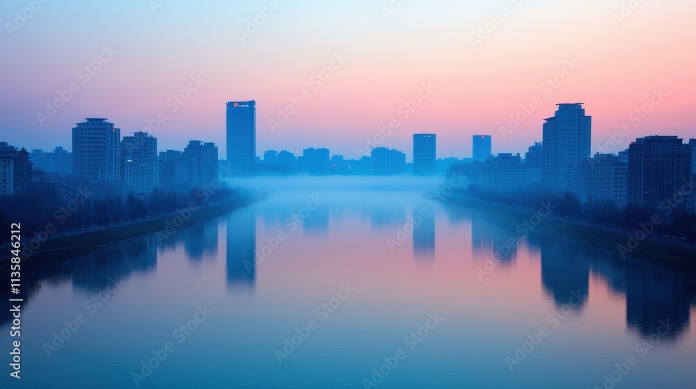 Obraz premium Serene Urban Landscape with Foggy River at Dawn in Cityscape