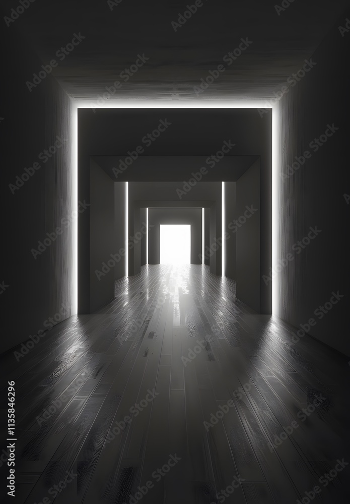 Minimalist black and white of an empty room with symmetrical doorways Minimalist black and white of an empty room with symmetrical doorways