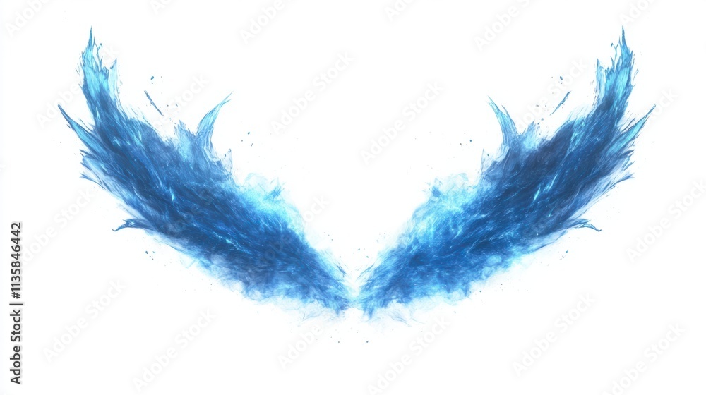Fototapeta premium Dynamic blue energy beams with soft glowing edges, forming a fan-shaped burst, isolated on a white background