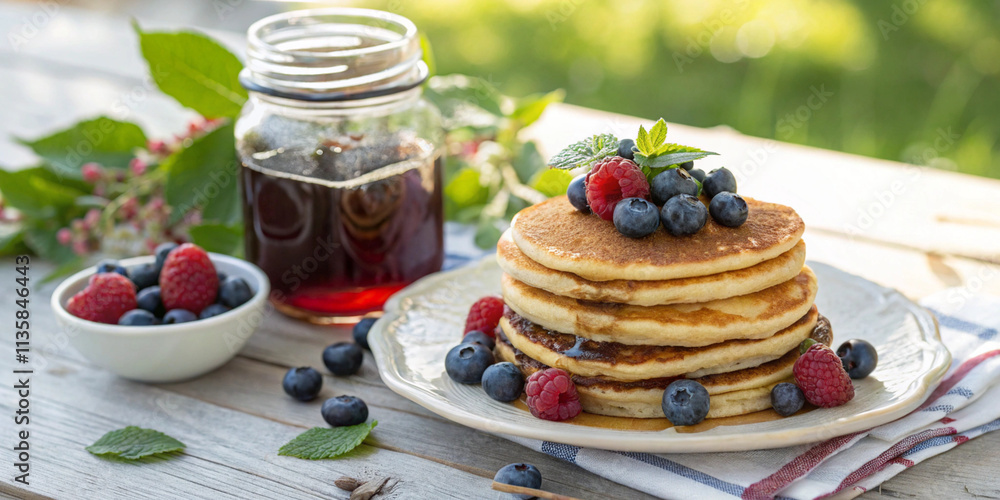 pancakes with blueberries and mint, Glass Jar of Syrup with Pancakes and Fresh Berries on a Wooden Surface – Rustic Outdoor Breakfast pancakes with blueberries and mint, Glass Jar of Syrup with Pancakes and Fresh Berries on a Wooden Surface – Rustic Outdoor Breakfast