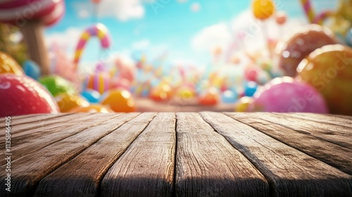 Bright and Colorful Candy Land with Wooden Table Background Ideal for Sweet Treats Photography and Dessert Marketing Concepts
