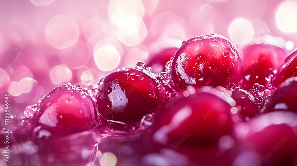 A macro close-up of pomegranate seeds, their translucent ruby-red tones glowing under soft lighting, intricate details highlighted by water reflections, pastel pink background adding sophistication, A macro close-up of pomegranate seeds, their translucent ruby-red tones glowing under soft lighting, intricate details highlighted by water reflections, pastel pink background adding sophistication,