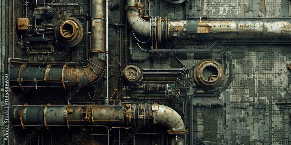 An urban district cooling plant with interconnected pipes and infrastructure. An urban district cooling plant with interconnected pipes and infrastructure.