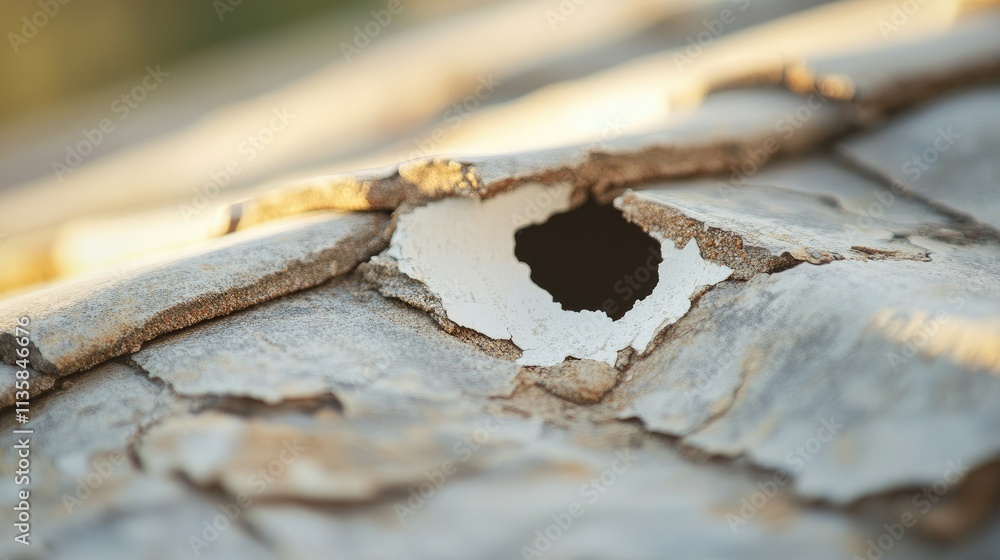 Close-Up of Damaged Roof Shingle with Hole through Weathered Surface, Highlighting Structural Issues and Roofing Maintenance Needs in Natural Light Close-Up of Damaged Roof Shingle with Hole through Weathered Surface, Highlighting Structural Issues and Roofing Maintenance Needs in Natural Light