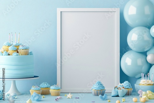Birthday Party Mockup Blue Cake Cupcakes Balloons Poster