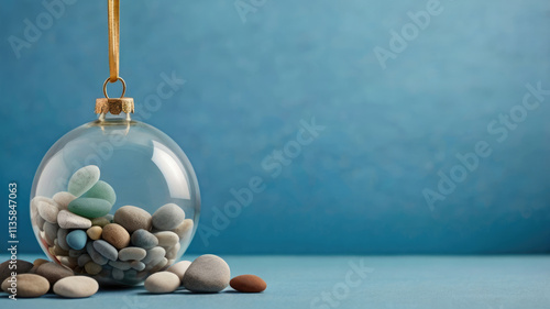 A glass Christmas ornament filled with colorful sea stones shimmers against a blue background, creating a unique and festive coastal scene. photo