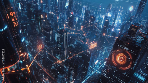 Smart digital Innovation city with connection network reciprocity over the cityscape. of future smart wireless digital city and social media networking systems that connects people with in city
