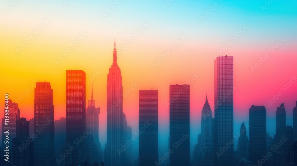 Beautiful New York City Skyline at Sunset with Vibrant Colors Beautiful New York City Skyline at Sunset with Vibrant Colors