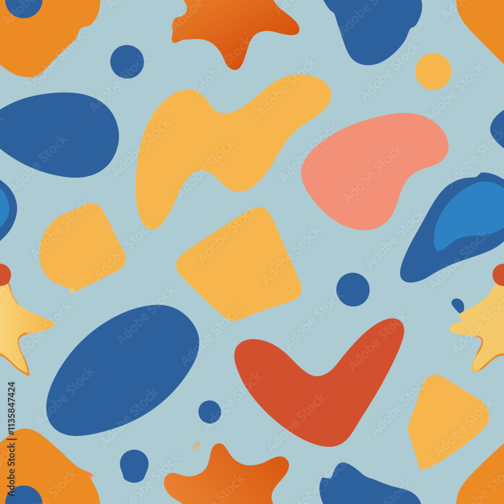 Fototapeta premium Colorful minimal doodle shapes create a vibrant pattern on a light blue background