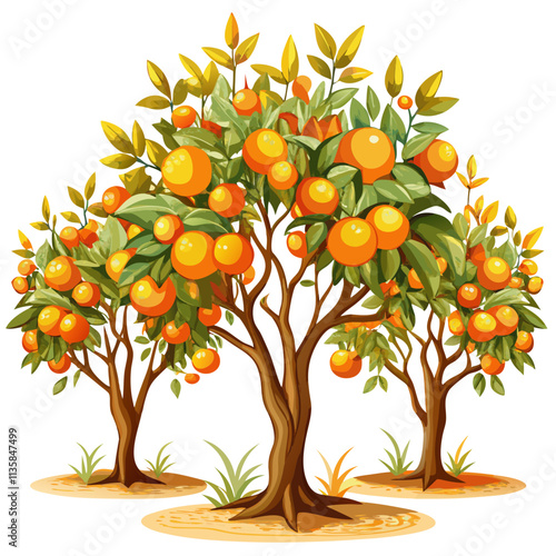 Vibrant orange trees with ripe fruit displayed on a clean white background