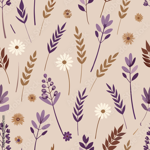 Rustic floral pattern with lavender and daisies in soft earthy tones for home decor and crafts