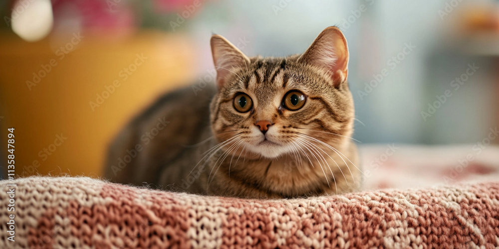 Cozy cat lying on knitted blanket in warm, inviting space. feline curious expression adds charm to rustic atmosphere, perfect for cat lovers Cozy cat lying on knitted blanket in warm, inviting space. feline curious expression adds charm to rustic atmosphere, perfect for cat lovers