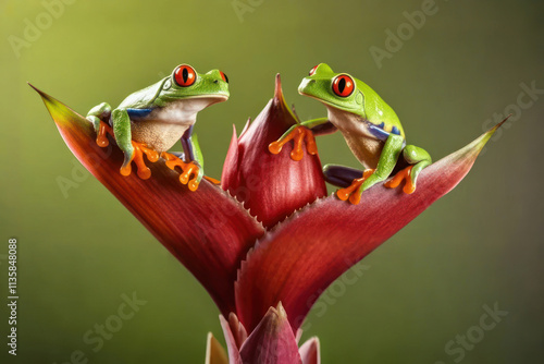 red eye tree frog on bromeliad plant photo