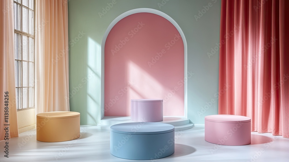 Set of Pastel Cylinder Podiums for Stylish Product Display and Branding Presentations Set of Pastel Cylinder Podiums for Stylish Product Display and Branding Presentations