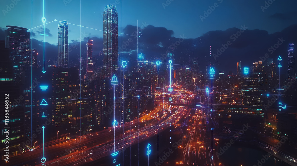 Smart digital Innovation city with connection network reciprocity over the cityscape. of future smart wireless digital city and social media networking systems that connects people with in city Smart digital Innovation city with connection network reciprocity over the cityscape. of future smart wireless digital city and social media networking systems that connects people with in city