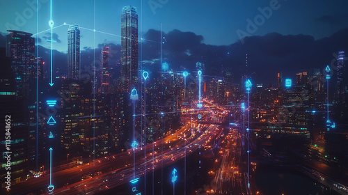 Wallpaper Mural Smart digital Innovation city with connection network reciprocity over the cityscape. of future smart wireless digital city and social media networking systems that connects people with in city Torontodigital.ca