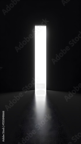 A minimalist black and white artwork depicting an open door with light emanating from it