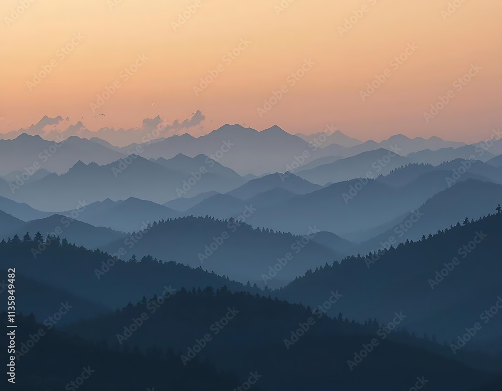 Mountain ranges layered with a gradient sky behind Mountain ranges layered with a gradient sky behind