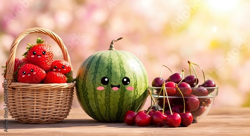 A cute wallpaper with smiling watermelons, strawberries, and cherries