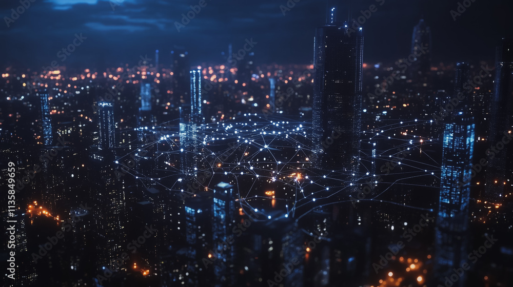 Fototapeta premium Smart digital Innovation city with connection network reciprocity over the cityscape. of future smart wireless digital city and social media networking systems that connects people with in city