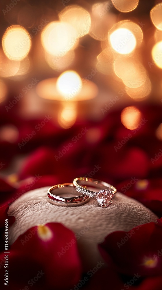 A pair of wedding rings resting on a soft velvet cushion, surrounded by scattered rose petals, with a blurred romantic candlelight background.
A pair of wedding rings resting on a soft velvet cushion, surrounded by scattered rose petals, with a blurred romantic candlelight background.