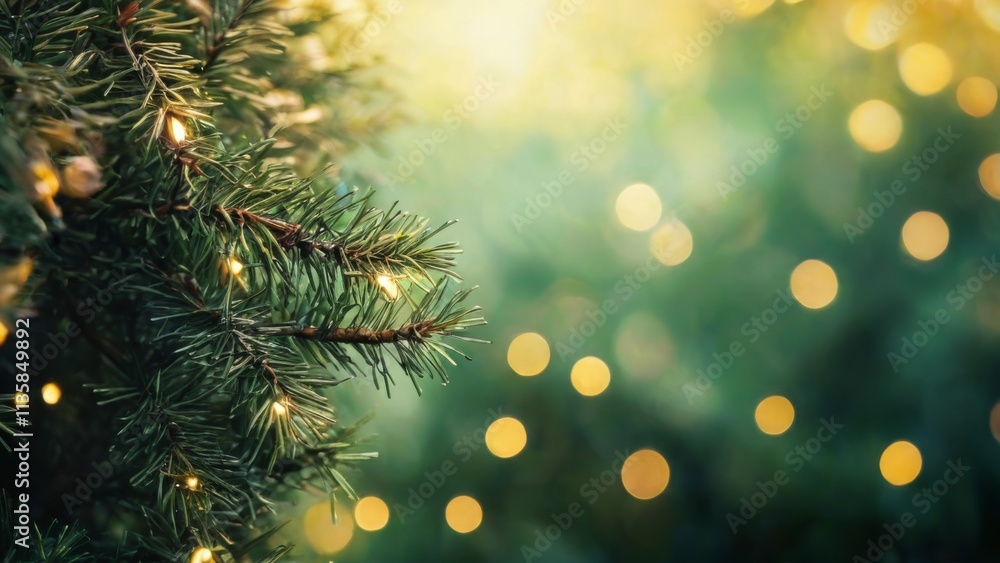 Closeup of Christmas tree branch with golden lights, creating warm and festive atmosphere in peaceful and serene setting. Closeup of Christmas tree branch with golden lights, creating warm and festive atmosphere in peaceful and serene setting.