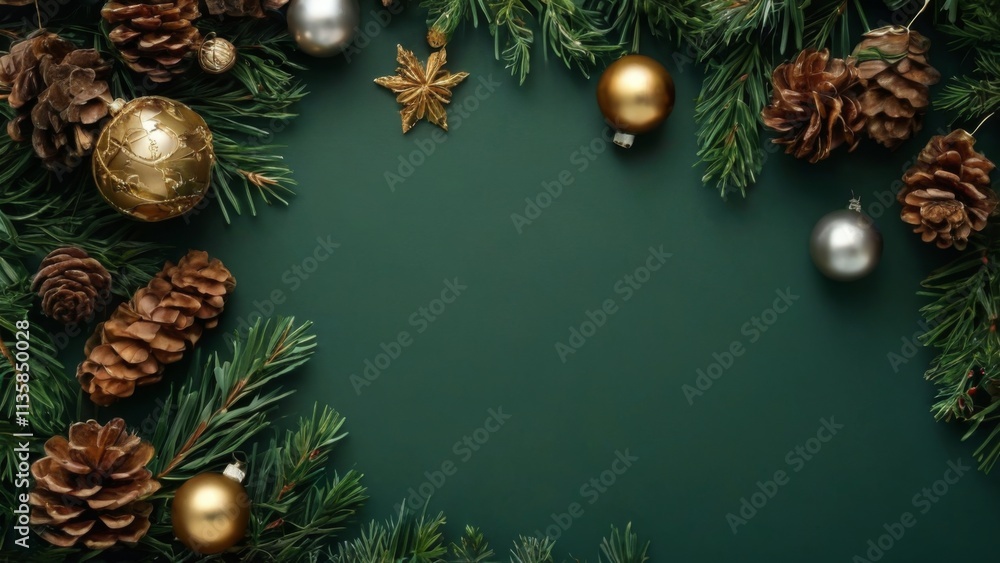 Christmas decorations flat lay with pine branches, cones, gold & silver baubles on dark green background. Christmas decorations flat lay with pine branches, cones, gold & silver baubles on dark green background.