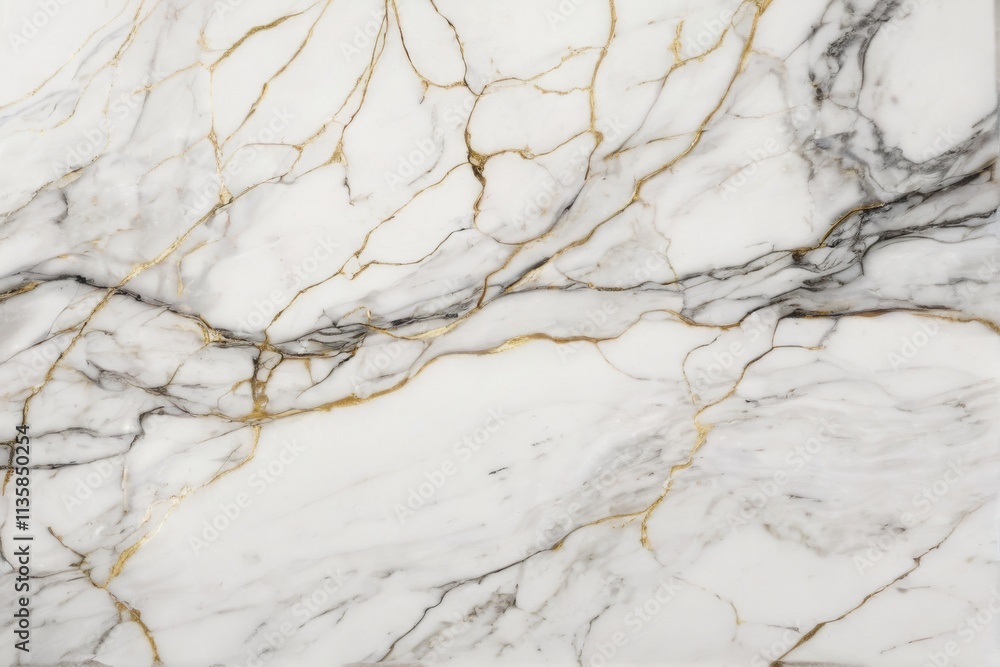 Luxurious closeup of white marble with irregular black and gold veins creating depth and dimension. Elegant and sophisticated. Luxurious closeup of white marble with irregular black and gold veins creating depth and dimension. Elegant and sophisticated.