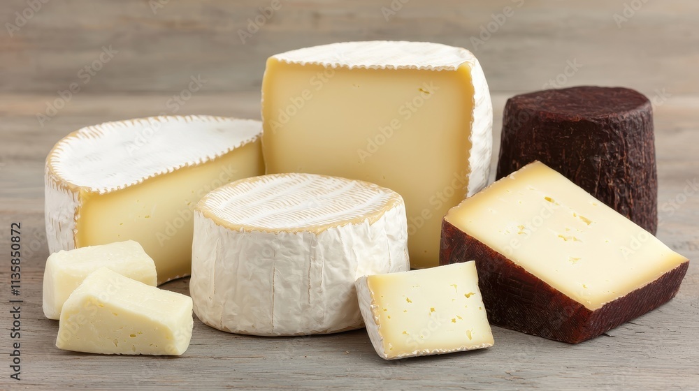 Assorted Cheese Varieties on Wooden Table with Rustic Background Assorted Cheese Varieties on Wooden Table with Rustic Background