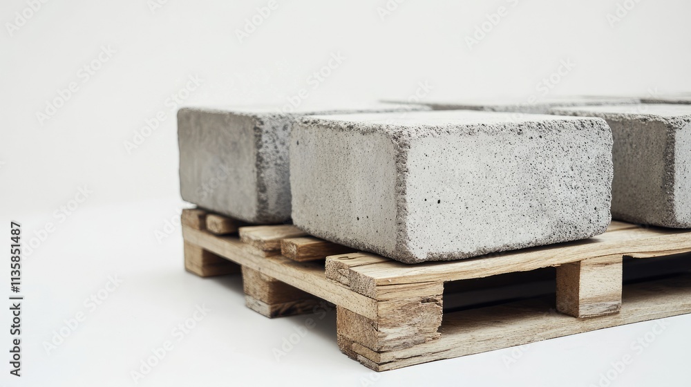 Close-Up View of Concrete Blocks on a Wooden Pallet Isolated on a Light Background for Building and Construction Projects Close-Up View of Concrete Blocks on a Wooden Pallet Isolated on a Light Background for Building and Construction Projects
