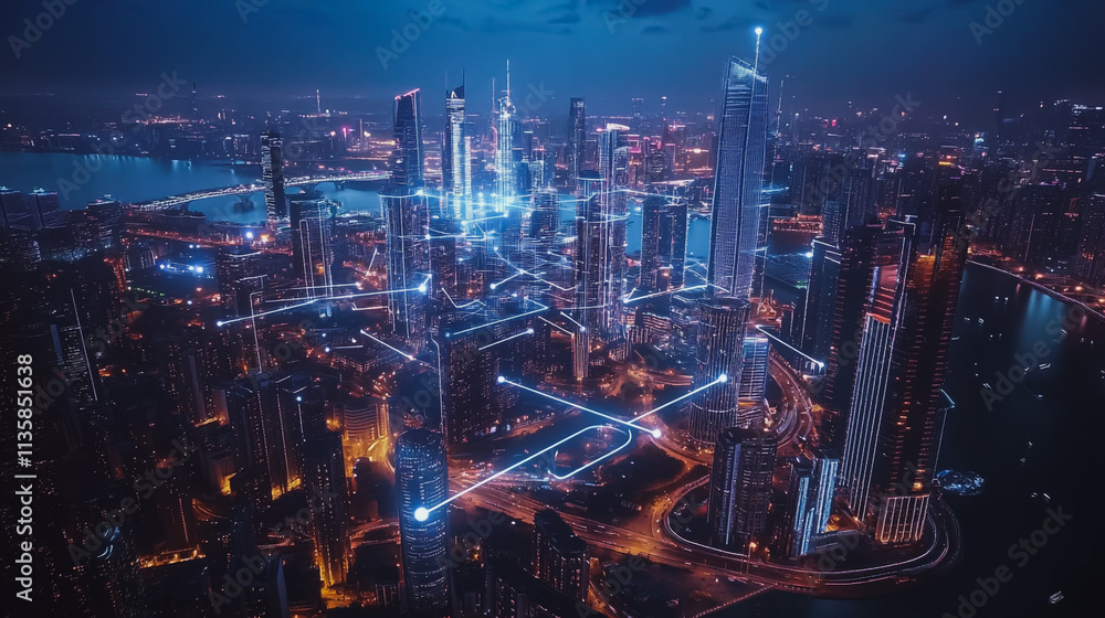 custom made wallpaper toronto digitalSmart digital Innovation city with connection network reciprocity over the cityscape. of future smart wireless digital city and social media networking systems that connects people with in city