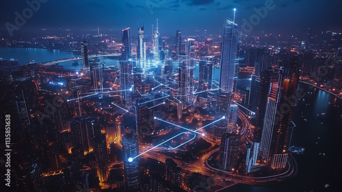 Wallpaper Mural Smart digital Innovation city with connection network reciprocity over the cityscape. of future smart wireless digital city and social media networking systems that connects people with in city Torontodigital.ca