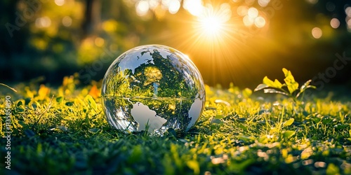 Glass Globe Earth in Lush Green Grass at Sunset photo