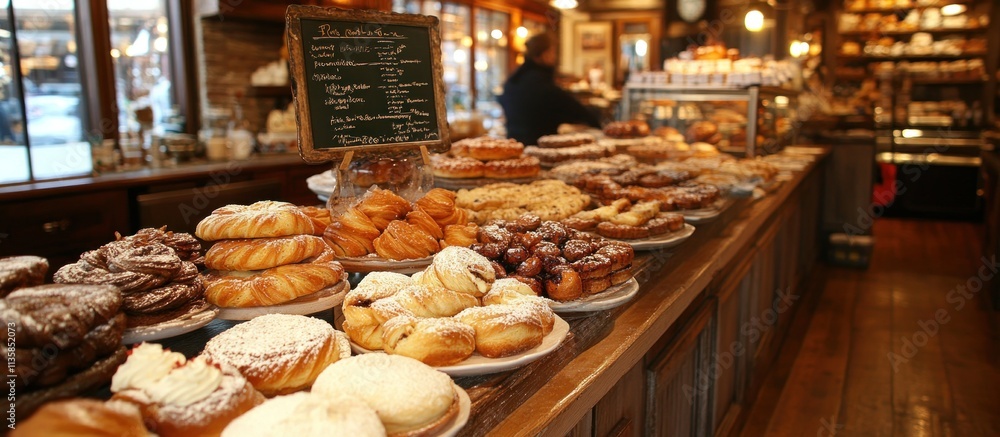 Assortment of fresh pastries and baked goods on display in a bakery. Assortment of fresh pastries and baked goods on display in a bakery.
