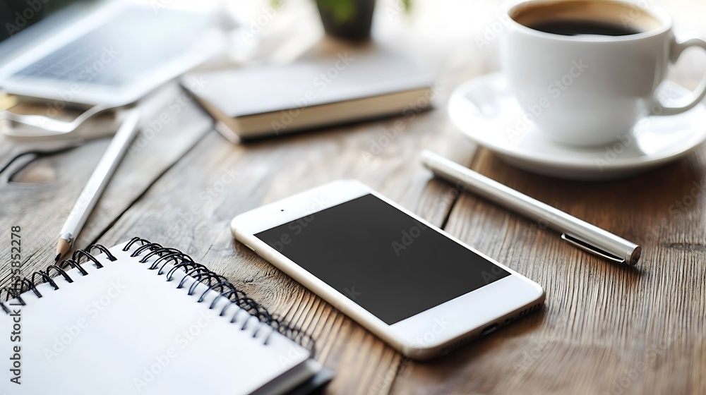 The image shows a close-up view of a wooden desk with several items on it. There is a smartphone lying flat on the desk, a small spiral-bound notepad, a black The image shows a close-up view of a wooden desk with several items on it. There is a smartphone lying flat on the desk, a small spiral-bound notepad, a black