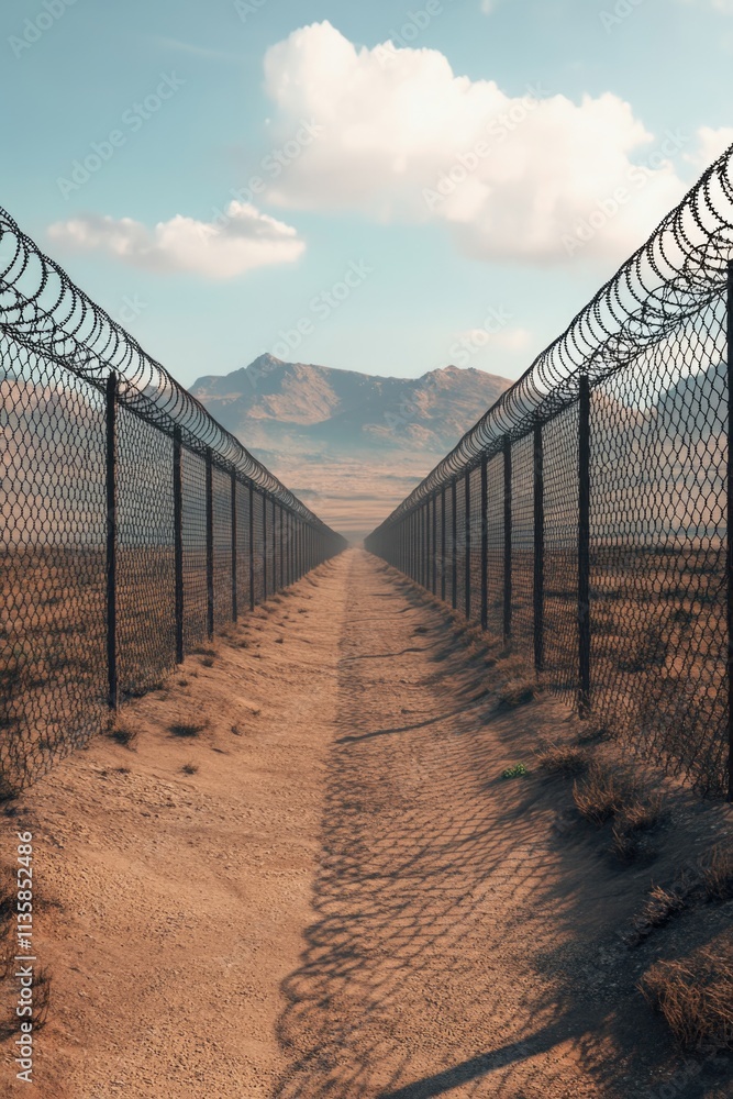 Obraz premium Dirt road with fence and mountains
