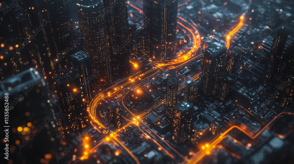 Fototapeta premium Smart digital Innovation city with connection network reciprocity over the cityscape. of future smart wireless digital city and social media networking systems that connects people with in city