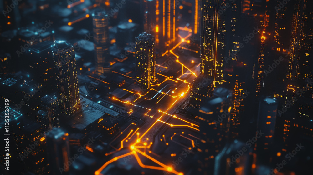 Obraz premium Smart digital Innovation city with connection network reciprocity over the cityscape. of future smart wireless digital city and social media networking systems that connects people with in city