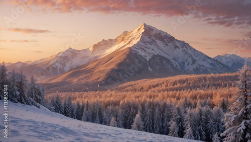 A breathtaking view of snow-capped mountains at sunrise, with golden sunlight gently illuminating the slopes and a dense forest of snow-covered trees. The sky features soft hues of orange and pink.