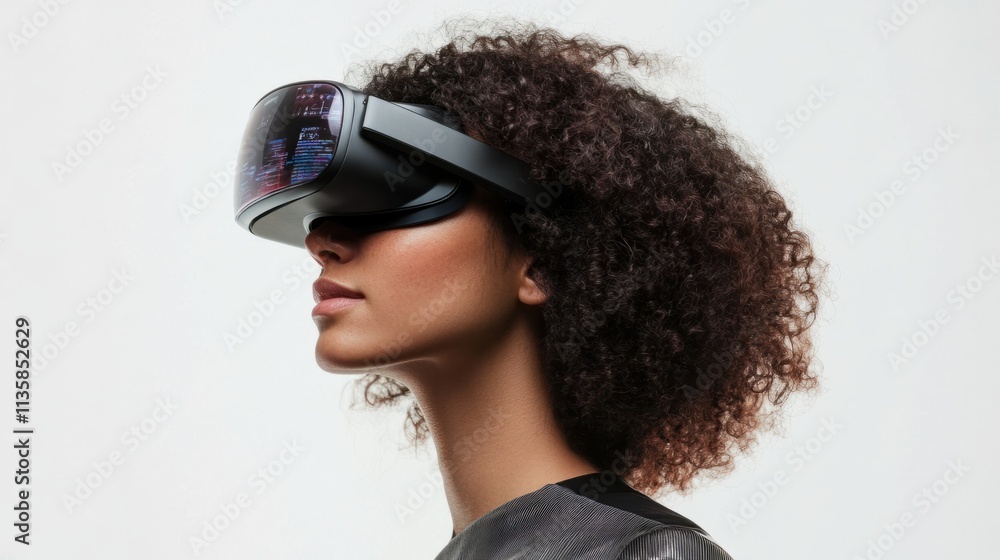 A confident futuristic woman with an augmented reality headset displaying data overlays, looking visionary, on white A confident futuristic woman with an augmented reality headset displaying data overlays, looking visionary, on white