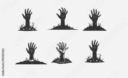 Set of zombie hands with torn skin, emerging from the ground in eerie gestures. Vector cartoon illustration isolated on white background