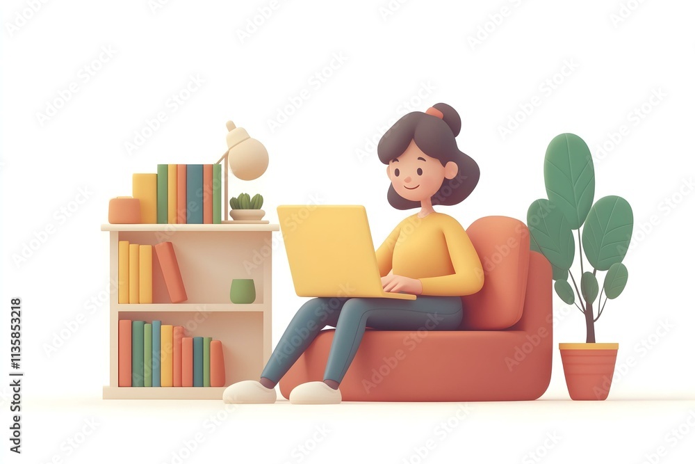 Freelance girl working on a laptop in a cozy home office setting with bookshelves and plants