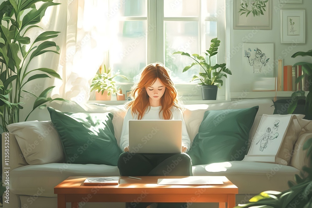 Freelance girl working on her laptop in a bright, cozy living room surrounded by plants in the afternoon Freelance girl working on her laptop in a bright, cozy living room surrounded by plants in the afternoon