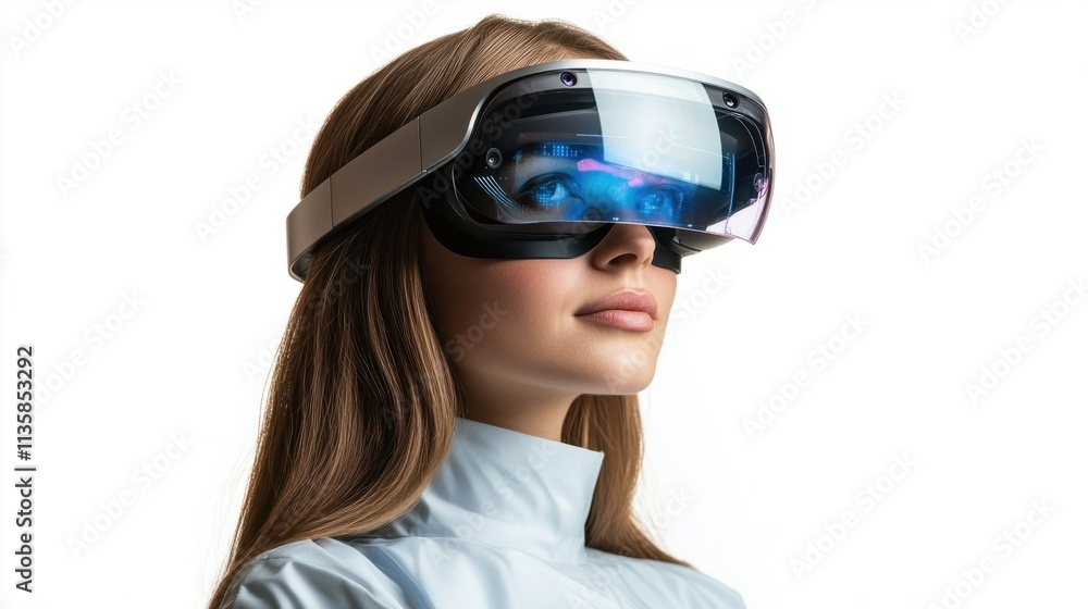 A confident woman wearing a cutting-edge digital headset with holographic visuals, looking into the future, isolated on white A confident woman wearing a cutting-edge digital headset with holographic visuals, looking into the future, isolated on white