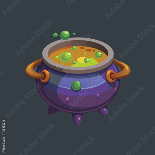 Halloween witches violet cauldron with poison potion isolated on white background. Halloween pumpkin and cauldron isolated on white background