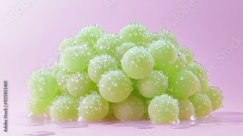 A radiant cluster of green grapes with glistening dew drops, their translucent skins glowing with intricate textures, light refracting beautifully, pastel lavender background adding elegance, photo