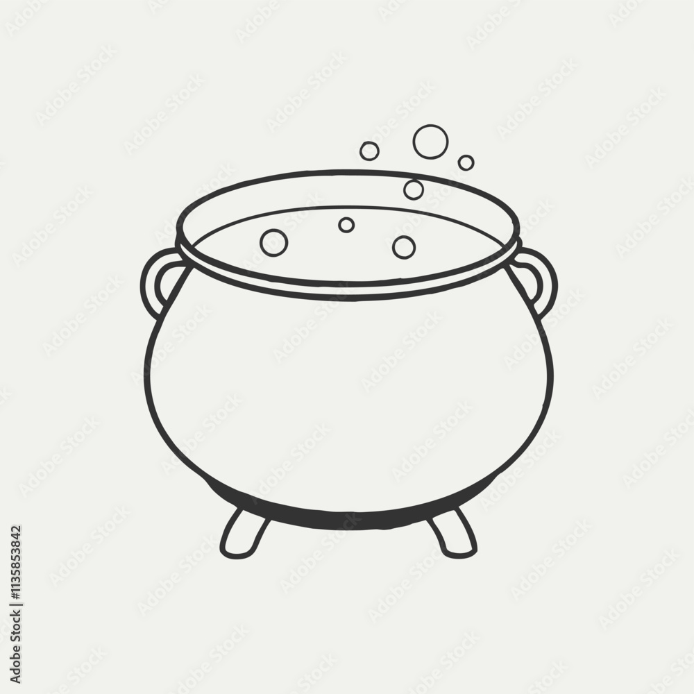 Witch cauldron with bubbling liquid, brew with eye, bone. Magic potion, symbol of witchcraft. Cast iron boiling cauldron on burning logs Vector illustration Witch cauldron with bubbling liquid, brew with eye, bone. Magic potion, symbol of witchcraft. Cast iron boiling cauldron on burning logs Vector illustration