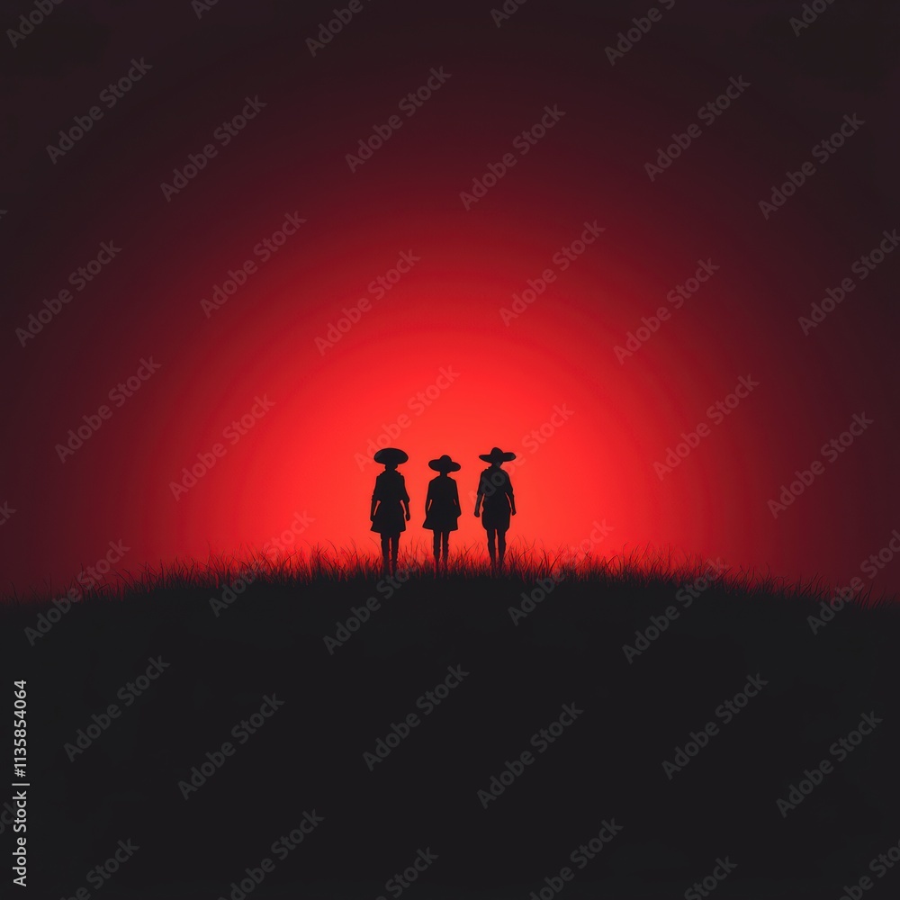 Fototapeta premium Silhouetted Women Sunset Landscape Mysterious Red Sky Dramatic Scene Three Figures Wid